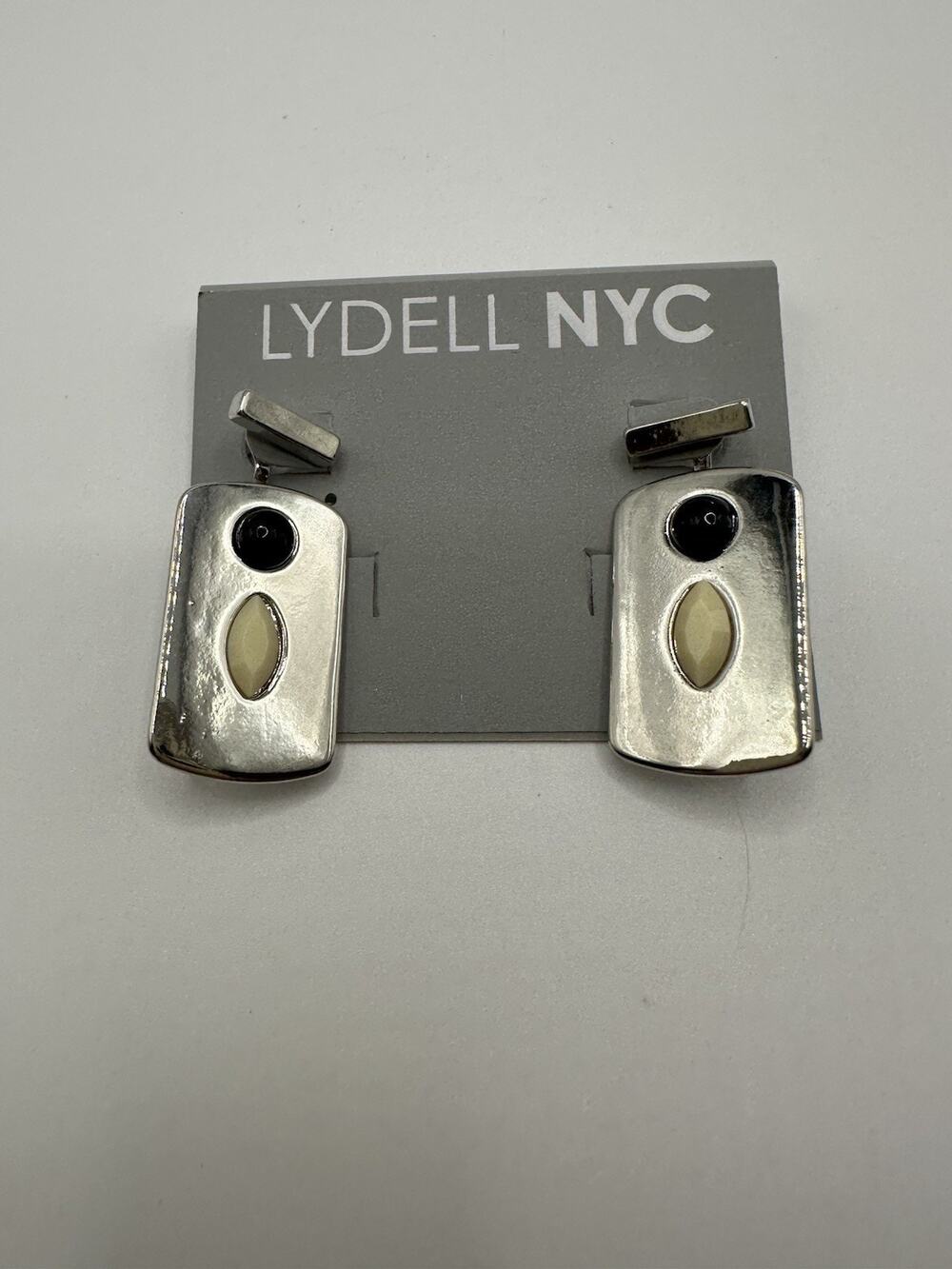 NWT LYDELL NYC Silver Tone Rectangle Drop Earrings With Black And Cream 1.5”L